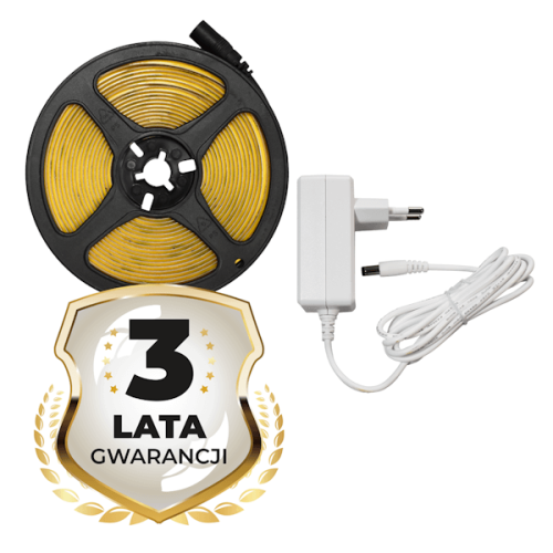 Taśma LED COB 4,4W w neutralnej barwie, długość 5m, umieszczona na czarnej rolce. Obok zasilacz w białej obudowie z kablem. Widoczna złota odznaka z napisem 3 LATA GWARANCJI.