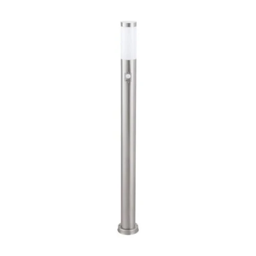 Lampa ogrodowa słupek INOX TORCH o wysokości 110 cm, wykonana ze stali nierdzewnej z białym kloszem. Zawiera czujnik ruchu, umieszczony na lekko wypukłej podstawie, prezentowana w pozycji stojącej na jasnym tle.