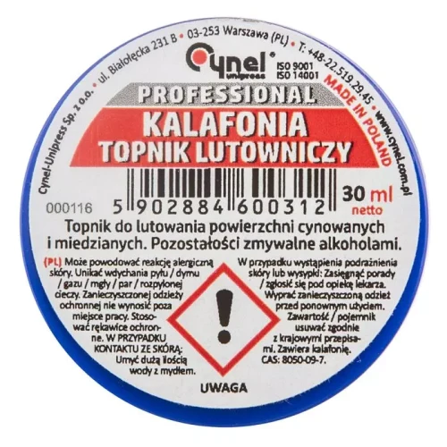 Zestaw do lutowania miękkiego Cynel 44E731 zawiera kalafonię w niebieskim pojemniku. Etykieta wskazuje pojemność 30 ml, z informacjami o zastosowaniu i ostrzeżeniem. Pojemnik ma okrągły kształt, z białym i czerwonym napisem PROFESSIONAL KALAFONIA.