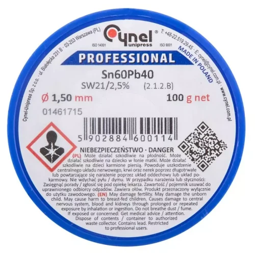 Zestaw do lutowania miękkiego Cynel 44E731, zawierający lut Sn60Pb40 o średnicy 1,50 mm i wadze 100 g, umieszczony w niebieskim pudełku z informacjami o bezpieczeństwie oraz kodem QR. Widoczny napis PROFESSIONAL na górze opakowania.