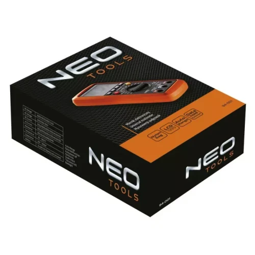Miernik elektroniczny Neo 94-001 w czarnej, prostokątnej obudowie z pomarańczowymi akcentami. Widoczny wyświetlacz LCD, pokrętło wyboru funkcji oraz oznaczenia dotyczące pomiarów. Opakowanie z logo NEO TOOLS i szczegółami technicznymi.