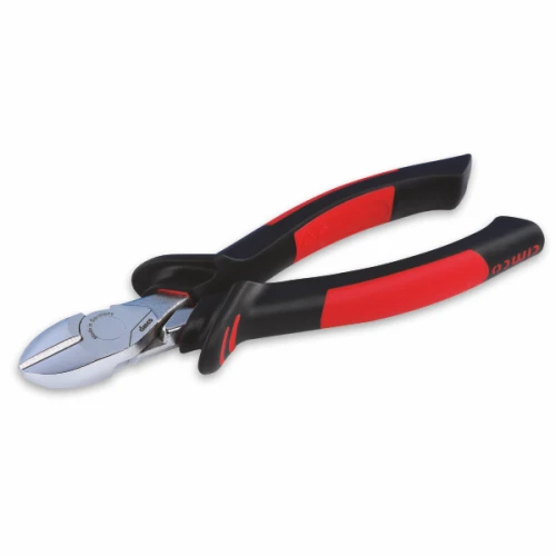 Szczypce boczne 180 mm, izolowane 1000V, z metalową głowicą i ergonomicznymi, czarno-czerwonymi rączkami. Ujęcie z boku, z widocznymi detalami ostrza i uchwytów. Idealne do pracy z elektrycznością.