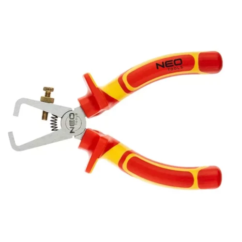 Szczypce do zdejmowania izolacji 160mm, 1000V, z metalowymi szczękami i sprężyną. Rękojeści w kolorze czerwono-żółtym, ergonomiczne. Widoczny napis NEO TOOLS na rączkach. Produkt w pozycji otwartej, ukazujący detal mechanizmu.