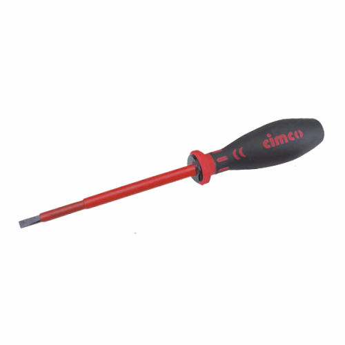 Wkrętak izolowany płaski Cimco 117702 o wymiarach 3,0x100 mm. Rączka czarna z czerwonymi detalami, metalowy trzonek w kolorze czerwonym. Produkt leży poziomo, ukazuje końcówkę oraz ergonomiczny uchwyt.