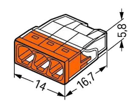 Szybkozłączka WAGO 2273-203 w kolorze pomarańczowym, przeznaczona dla drutów 3x0,5-2,5mm². Rysunek techniczny.