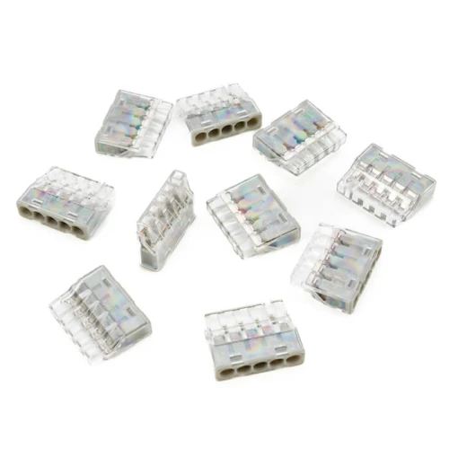 Szybkozłączki drutowe 5x0,2-2,5mm² w przezroczystej obudowie, zestaw 10 sztuk. Widoczne złącza z trzema gniazdami, różne ułożenie, o gładkiej powierzchni. Idealne do szybkiego łączenia przewodów elektrycznych.