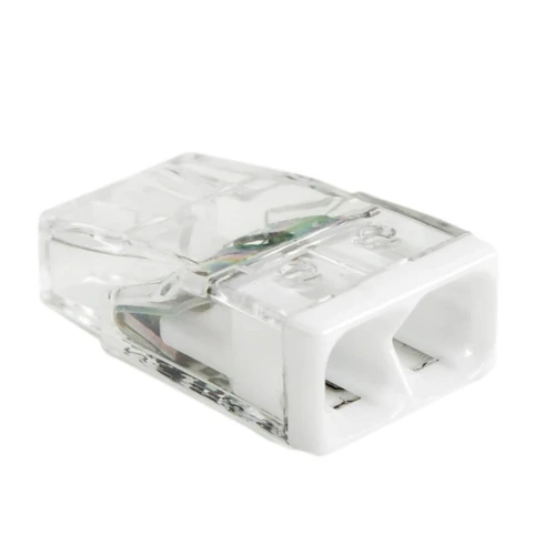Szybkozłączka WAGO 2273-202 w przezroczystym wykonaniu, przeznaczona do drutu o przekroju 2x0,5-2,5 mm². Produkt widoczny z boku, z dwoma gniazdami na przewody, umożliwiający szybkie połączenie elektryczne. Pakowane w zestawie 10 sztuk.