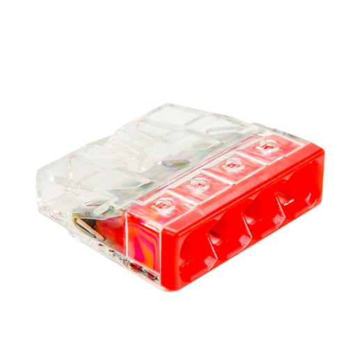 Szybkozłączka WAGO 2273-204, przezroczysta obudowa z czerwonym przodem, cztery gniazda na drut o średnicy 0,5-2,5 mm². Ujęcie z boku, pokazujące detale gniazd oraz mechanizm mocujący. Idealna do szybkiego łączenia przewodów.