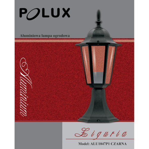 Lampa ogrodowa słupek Liguria o wysokości 42 cm, wykonana z aluminium w kolorze czarnym. Posiada sześciokątną podstawę i szklane osłony. Model idealny do oświetlenia przestrzeni na zewnątrz, prezentowany w ujęciu frontalnym.