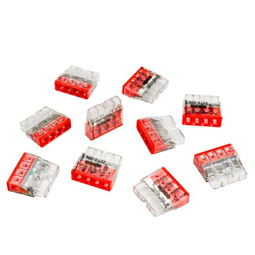 Szybkozłączka WAGO 2273-204, 10 sztuk, o przezroczystej obudowie z czerwonymi akcentami. Umożliwia podłączenie drutów 4x0,5-2,5 mm². Produkt leży na białym tle, ukazując różne kąty i widoki z przodu oraz z boku.