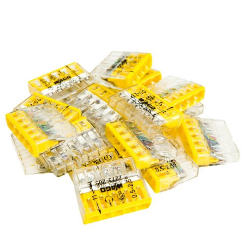Szybkozłączki WAGO 2273-205 w kolorze żółtym, przeznaczone do drutów o przekroju 0,5-2,5 mm². Widoczne na zdjęciu 25 sztuk, ułożonych w stos, z przezroczystą obudową i czytelnymi oznaczeniami na powierzchni.