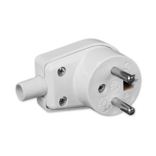 Wtyczka kątowa Viplast 16A 250V w kolorze białym, z metalowymi stykami, widoczna z boku. Posiada złącze do kabla oraz oznaczenia na obudowie. Ułożona w pozycji stojącej, na jednolitym tle.