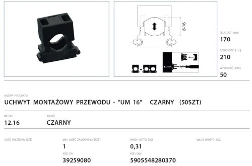 Uchwyt montażowy do przewodu UM 16 w kolorze czarnym, wykonany z tworzywa sztucznego. Rysunek techniczny.