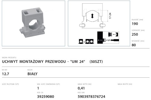 Uchwyt montażowy do przewodu UM 24 w kolorze białym. Rysunek techniczny.