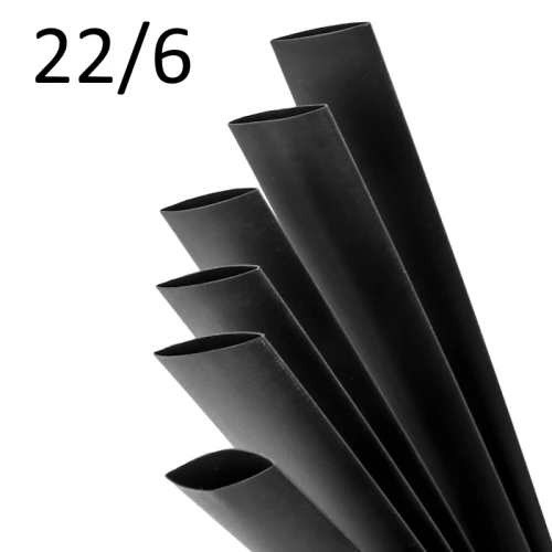 Czarna rurka termokurczliwa z klejem o średnicy 22 mm i długości 1 m, ułożona w grupie pięciu sztuk, widoczna pod kątem, z gładką powierzchnią i zaokrąglonymi końcami.