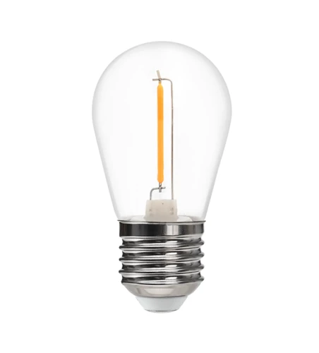 Żarówka LED filament E27 1W w przezroczystej, szklanej obudowie, z widoczną pomarańczową nitką filamentu. Podstawa E27 wykonana z metalu. Produkt pokazany frontalnie, na jednolitym tle. Ciepłe, białe światło.