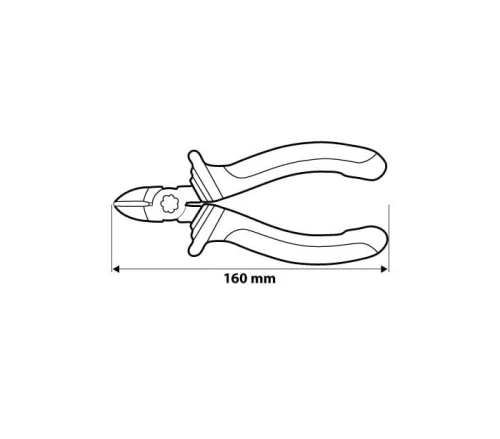Szczypce boczne 160 mm, izolowane (1000V), z ergonomicznymi uchwytami. Widok frontalny, z zaznaczoną długością. Ostre końcówki do cięcia. Wykonane z materiałów odpornych na wysokie napięcie. Idealne do prac elektrycznych.