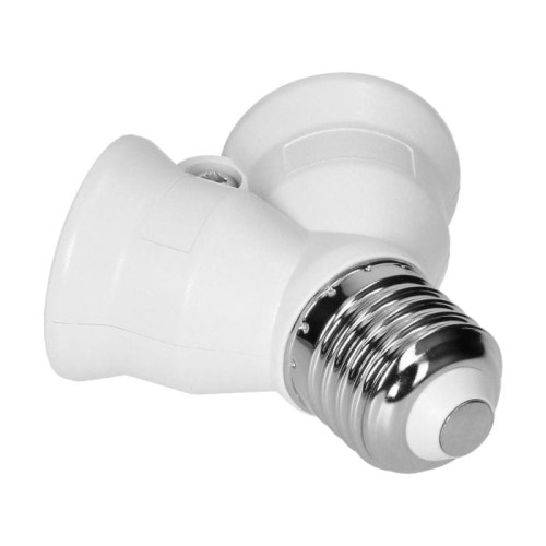Adapter do żarówki E27 z dwoma gniazdami E27. Biały plastikowy korpus z metalowym gwintem, stojący w pozycji poziomej. Umożliwia podłączenie dwóch żarówek, idealny do zwiększenia oświetlenia w pomieszczeniach.