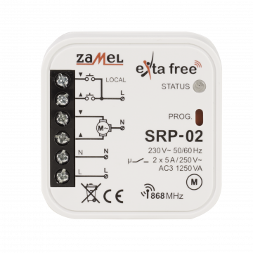 Sterownik do rolet SRP-02 w białej obudowie, z widocznymi złączami i oznaczeniami na przednim panelu. Na górze logo ZaMEL, a obok napis extra free. Widoczne informacje o napięciu 230V, częstotliwości 50/60 Hz oraz częstotliwości 868 MHz.