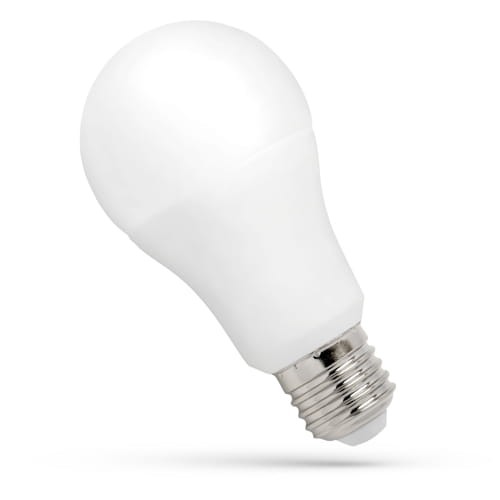 Żarówka LED E27 GLS o mocy 11,5W, kształt kulisty, pokryta białym matowym plastikiem. Gwint E27 wykonany z metalu. Źródło światła emitujące zimne białe światło. Produkt widoczny z boku, w pozycji stojącej.