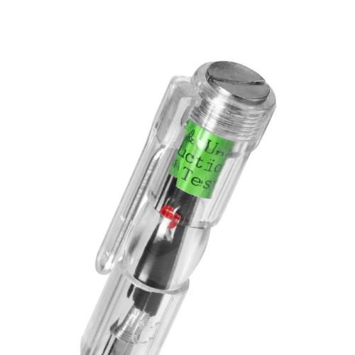 Próbnik napięcia elektroniczny 6w1 OR-AE-13275 w przezroczystej obudowie, z metalowym klipsem. Widoczny czerwony wskaźnik oraz etykieta z instrukcją. Produkt w pozycji pionowej, z góry widoczna metalowa końcówka.