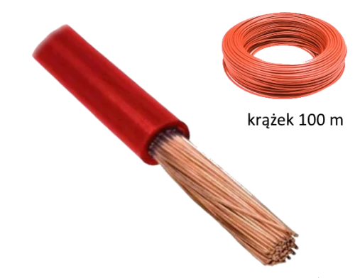 Przewód LGY 10 w kolorze czerwonym (H07V-K) na krążku o długości 100 m. Widoczny na zdjęciu przewód z miedzianymi włóknami, z lekkim wierzchnim pokryciem. Krążek umieszczony obok przewodu, podkreślający jego długość.