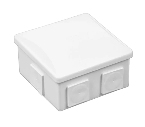 Puszka natynkowa 80x80x40 mm w kolorze białym, z sześcioma dławikami klik. Posiada prostokątny kształt, gładką powierzchnię i jest zamontowana w pozycji leżącej, z widokiem na wszystkie dławiki.