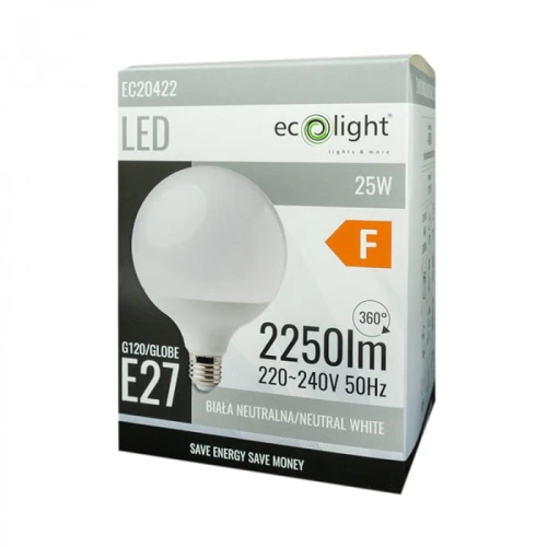 Żarówka LED w kształcie kuli E27, 25W, neutralna biała. Zdolność do emisji światła 2250 lm, z widocznych informacji na opakowaniu: zasilanie 220-240V, klasa energetyczna F, 360° rozsył światła. Biała, gładka powierzchnia.