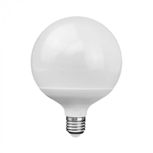 Żarówka LED KULA E27 25W w neutralnej białej barwie, okrągła, z plastikową obudową. Widoczny gwint E27 u dołu. Produkt stoi na płaskiej powierzchni na białym tle. Idealna do oświetlenia wnętrz.