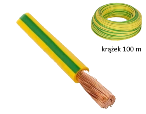 Przewód LGY 10 w kolorze żółto-zielonym (H07V-K), z widoczną miedzią wewnątrz, ułożony obok krążka o długości 100 m. Produkt leży na białym tle, ukazując jego fakturę i kolorystykę.