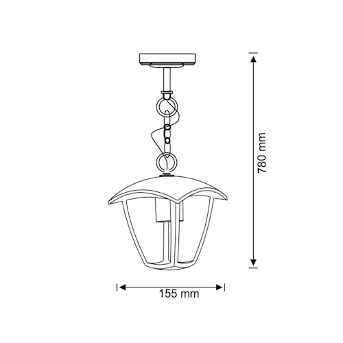 Lampa wisząca zewnętrzna IGMA E27 w kolorze czarnym, o wysokości 780 mm i średnicy 155 mm. Rysunek techniczny.