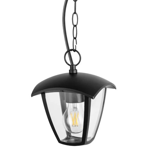 Lampa wisząca zewnętrzna IGMA w kolorze czarnym, z kloszem w kształcie heksagonalnym, wykonana z metalu i szkła. Wyposażona w oprawę E27, zawieszona na łańcuchu, idealna do oświetlenia przestrzeni na zewnątrz. Wodoodporność IP44.