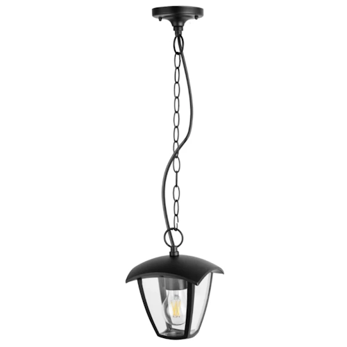 Lampa wisząca zewnętrzna IGMA E27 IP44 w kolorze czarnym. Posiada metalową osłonę z przezroczystym kloszem, zawieszona na długim łańcuchu. Kształt nawiązujący do klasycznych lamp ogrodowych, idealna do oświetlenia przestrzeni na zewnątrz.