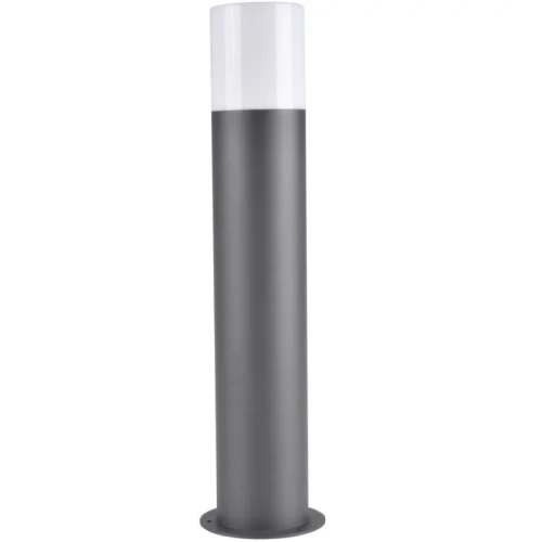Lampa ogrodowa słupek DALLAS E27 o wysokości 44 cm, wykonana z grafitowego metalu z białym kloszem. Stoi na okrągłej podstawie, prezentując minimalistyczny design, idealny do oświetlenia przestrzeni zewnętrznych.