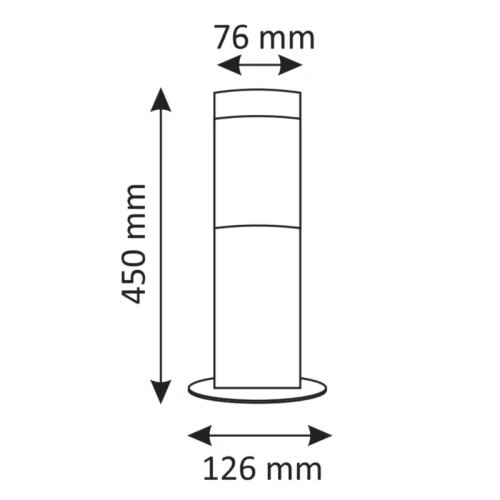 Lampa ogrodowa słupek OSLO w kolorze szarym, wysokość 45 cm, średnica podstawy 126 mm, średnica korpusu 76 mm. Rysunek techniczny.