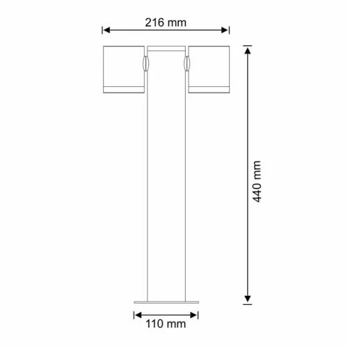 Lampa ogrodowa stojąca słupek PINO w kolorze czarnym, wysokość 44 cm, średnica podstawy 110 mm, z dwoma miejscami na żarówki GU10, z prostym, cylindrycznym kształtem. Rysunek techniczny.