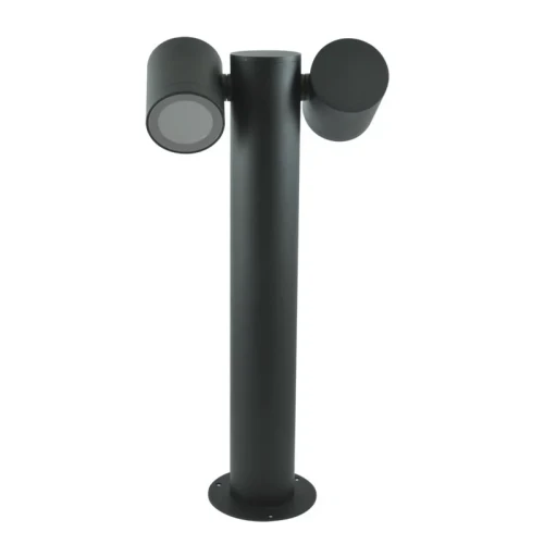 Lampa ogrodowa stojąca PINO 2xGU10, o wysokości 44 cm, w kolorze czarnym. Posiada dwa okrągłe źródła światła zamontowane na cylindrycznym słupku. Ujęcie frontalne, na prostym tle, ukazujące jej minimalistyczny design oraz mocowanie podstawy.