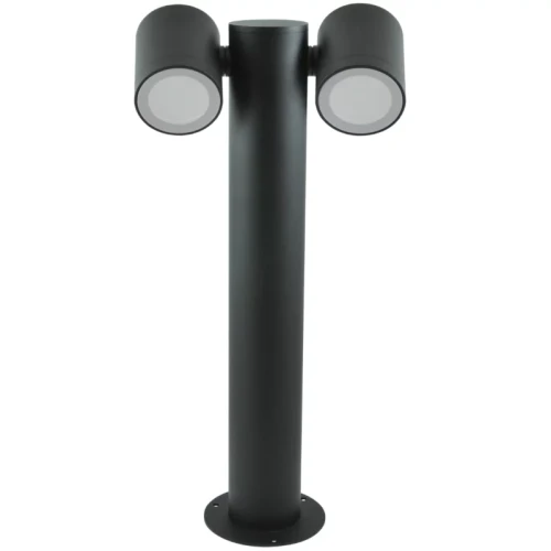 Lampa ogrodowa stojąca słupek PINO o wysokości 44 cm w kolorze czarnym, z dwoma okrągłymi oprawami na żarówki GU10. Produkt ma prosty kształt, zamontowany na okrągłej podstawie, idealny do oświetlenia przestrzeni zewnętrznych.