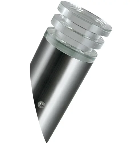 Kinkiet elewacyjny skośny CRYSTAL 6,5W w kolorze satynowym, z metalowym korpusem i przezroczystymi elementami szklanymi. Ułożony pod kątem, z widocznym mocowaniem. Elementy szklane mają okrągły kształt, tworząc nowoczesny design.