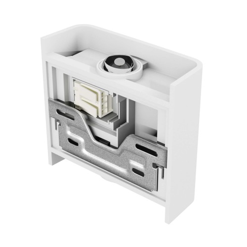 Kinkiet elewacyjny LUNARIX 2W 230V IP54 w kolorze białym, widoczny z boku. Produkt ma prostokątny kształt z metalowym mocowaniem. Wnętrze z elementami elektrycznymi, umożliwia montaż góra-dół. Idealny do oświetlenia zewnętrznego.