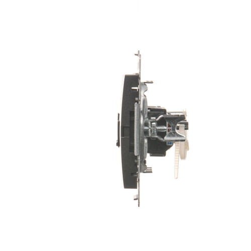 Gniazdo komputerowe podwójne RJ45 kat.6 w kolorze antracytowym, widok z boku. Produkt ma okrągłą ramkę z wyraźnymi mocowaniami oraz porty do podłączenia kabli sieciowych. Zastosowanie w instalacjach elektrycznych.