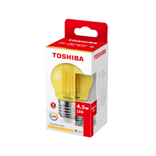 Żarówka dekoracyjna LED KULKA E27 4,5W w żółtej barwie, z przezroczystą kopułą i widocznymi diodami LED. Opakowanie w białej i czerwonej kolorystyce z logo Toshiba oraz informacjami o mocy i typie światła.