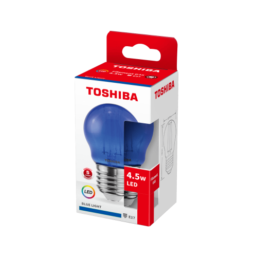 Żarówka LED KULKA E27 4,5W w kolorze niebieskim, umieszczona w opakowaniu z logo Toshiba. Na opakowaniu widoczne informacje o mocy, typie gwintu E27 oraz oznaczenie LED. Kształt kulisty, przezroczysta obudowa.