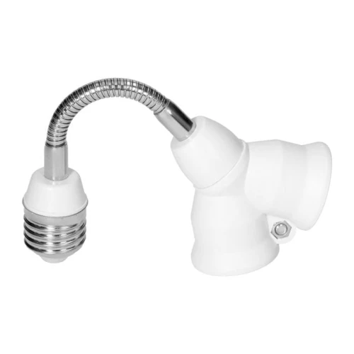 Adapter do żarówki E27 z elastycznym przewodem, umożliwiający podłączenie dwóch żarówek E27. Wykonany z białego tworzywa sztucznego z chromowanym elementem. Pozycjonowany w sposób umożliwiający łatwe dostosowanie kierunku światła.