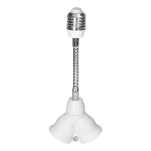 Adapter do żarówki E27, umożliwiający podłączenie dwóch żarówek E27. Wykonany z białego plastiku z metalowym gwintem. Elastyczny przewód łączy gniazdo z dwoma wyjściami, umożliwiając równoczesne oświetlenie. Ujęcie frontalne, z boku.
