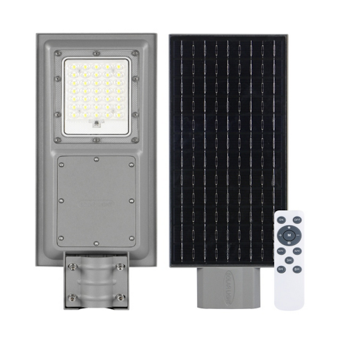 Lampa uliczna solarna 100W w kolorze szarym z panelem słonecznym i pilotem. Produkt ma prostokątny kształt, z białym źródłem światła LED oraz montażowym uchwytem. Panel słoneczny z widocznymi ogniwami, umieszczony obok lampy.