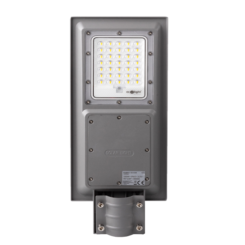 Lampa uliczna solarna 100W w kolorze szarym, z dużą matową powierzchnią LED z przodu. Produkt montowany na ścianie lub słupie, z widocznym mocowaniem. Wyposażona w neutralne białe światło, idealna do oświetlenia zewnętrznego.