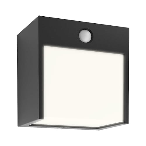 Kinkiet elewacyjny BALIMO Led 12W w kolorze czarnym z wbudowanym czujnikiem ruchu. Kwadratowa forma z białym kloszem, montowany na ścianie, z widocznym czujnikiem na górze.