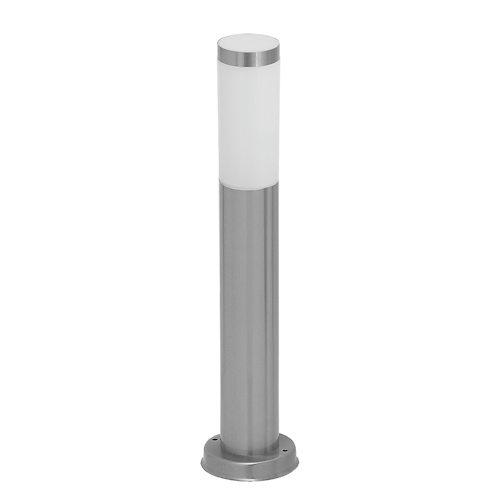 Słupek ogrodowy Inox torch o wysokości 45 cm, wykonany z metalu i tworzywa sztucznego. Posiada cylindryczny kształt z metalowym dolnym elementem w kolorze stalowym i matowy klosz. Przeznaczony do żarówki E27, moc max 40W. Ustawiony na płaskiej podstawie.