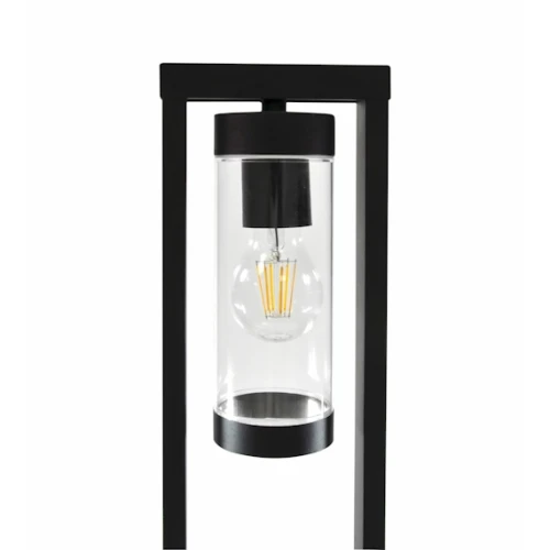 Lampa ogrodowa stojąca SPECTRA o wysokości 80 cm, czarna, z przezroczystym kloszem, w kształcie słupka. Widoczna żarówka LED w środku. Produkt umieszczony frontalnie, na jednolitym tle.